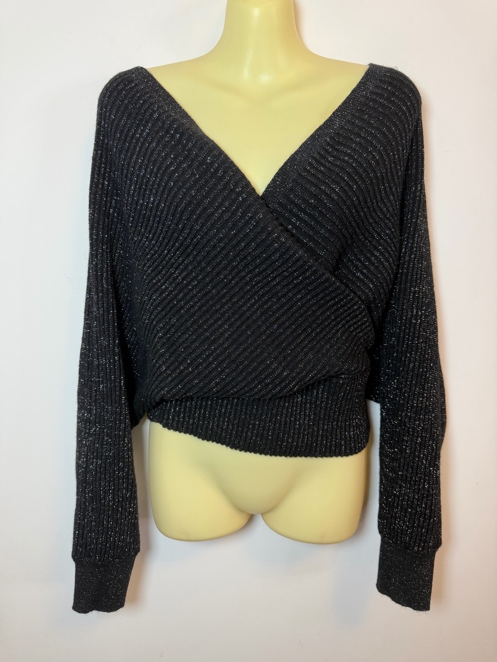 By Anthropologie Black Metallic Faux Wrap V-Neck Cropped Sweater
